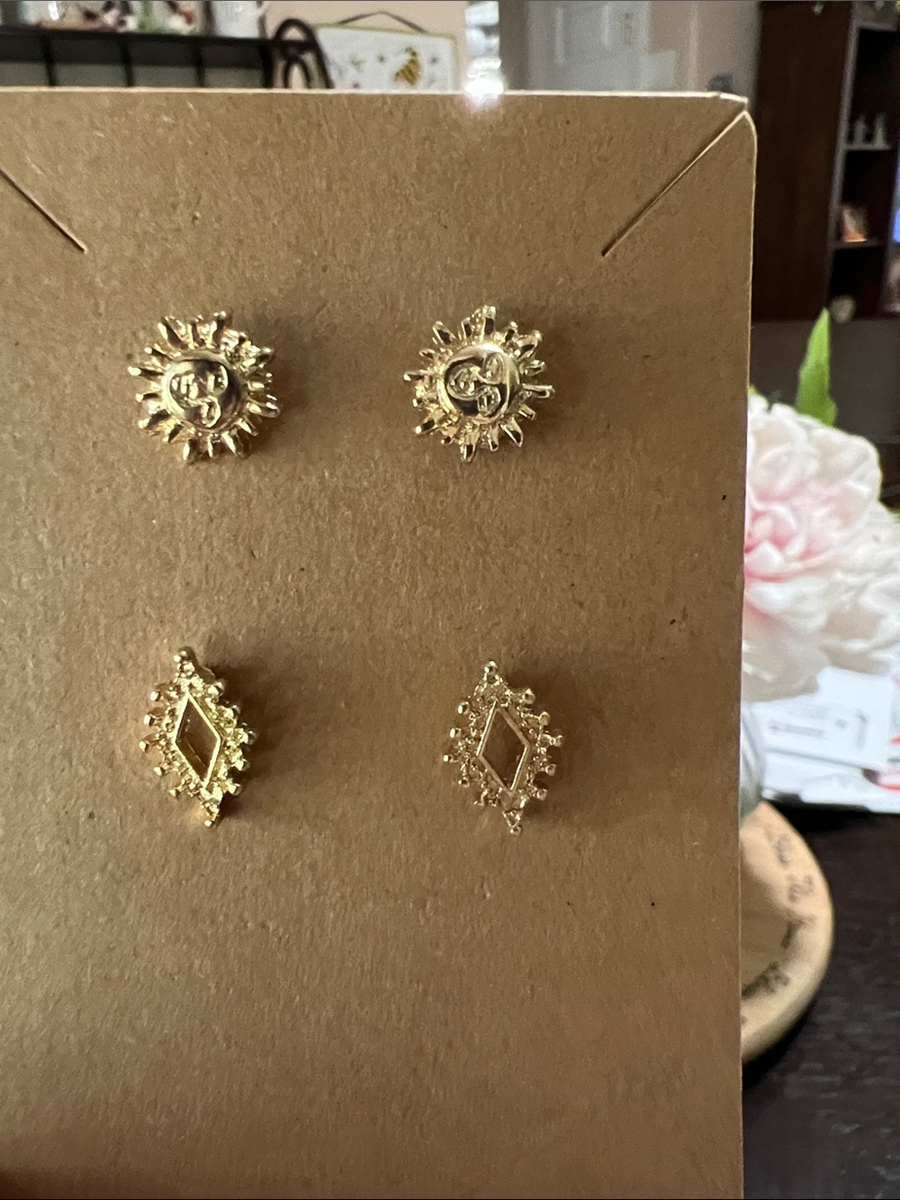 New Gold-Tone Sun & Diamond Stud Earring Set - Women Jewelry